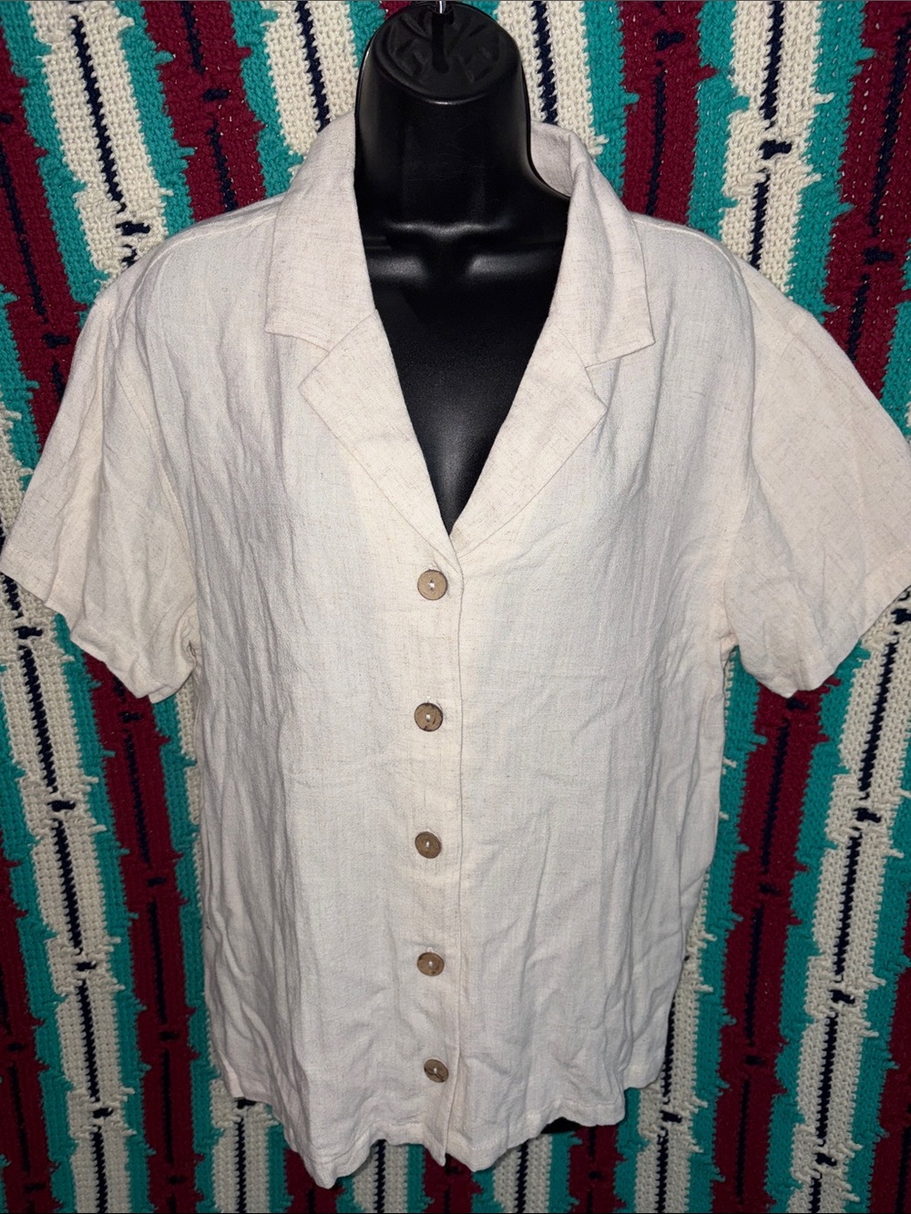 IN FEBRUARY linen blend button down oversized top, cream, sz S, 21” PTP, 27” L